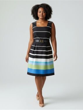 Dorothy Perkins Sheath Dress Sleeveless Black White Green Blue Stripes Size  14